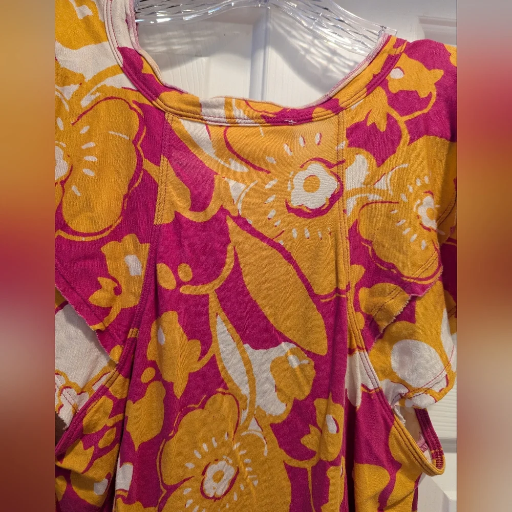 Maeve Anthropologie Pink Yellow Floral Printed Ruffle Short Sleeve Top Size XS - Picture 4 of 8